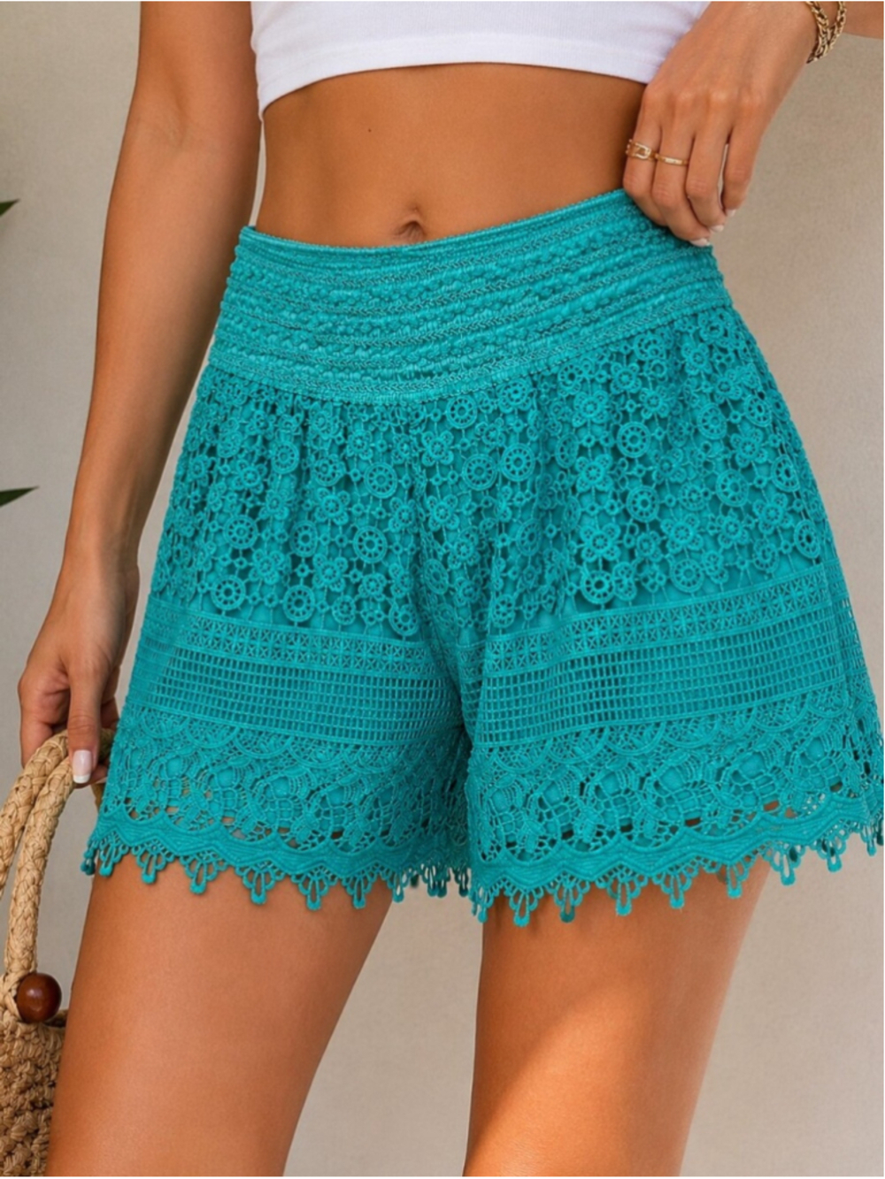 Kathy Turquoise Crochet Lace Shorts Boho Elastic Waist